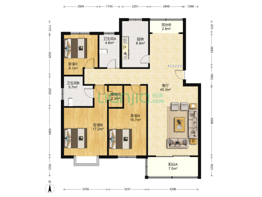 纺织设计院宿舍 3室1厅2卫 138平方