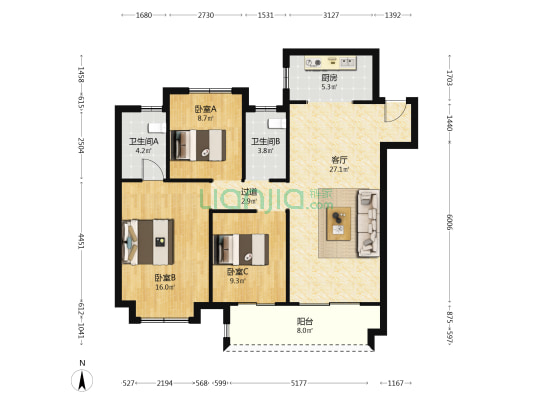 首创禧瑞云境 3室1厅2卫 117平方