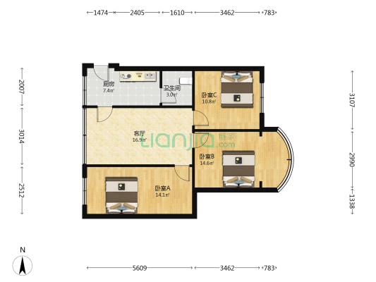 陕西路32号 3室1厅1卫 80平方