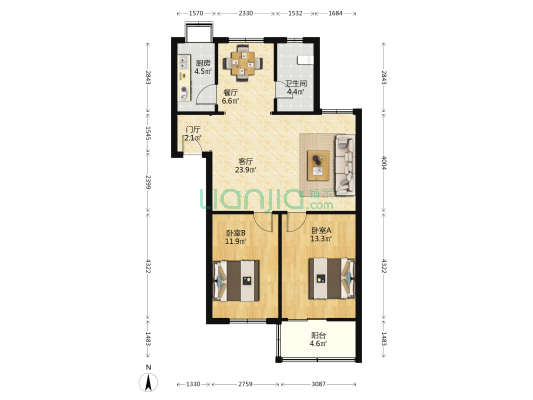 陕鼓社区 2室2厅1卫 87平方