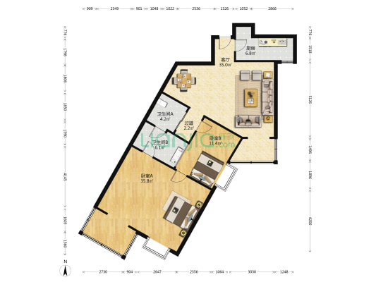 兰滨小区 2室1厅2卫 135平方