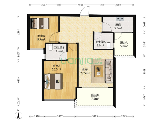 红树林 2室1厅2卫 89平方