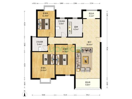 新馨花园 3室1厅2卫 127平方