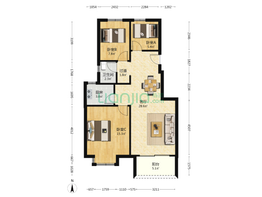 棠嘉苑 3室1厅1卫 88平方