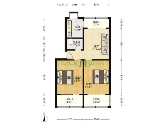 堤角村 2室1厅1卫 67平方