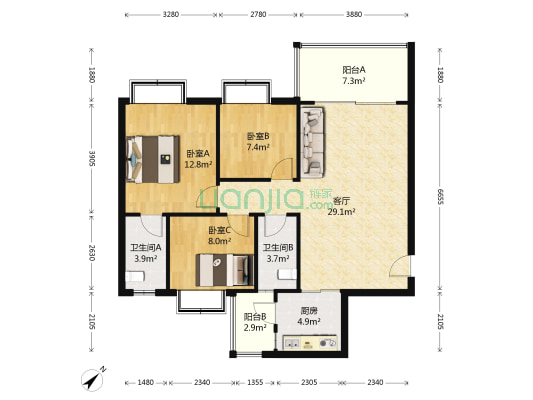 厚德华庭 3室1厅2卫 104平方