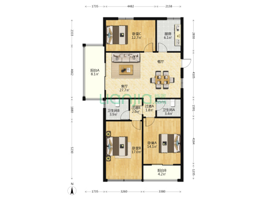 清华名家 3室1厅2卫 118平方