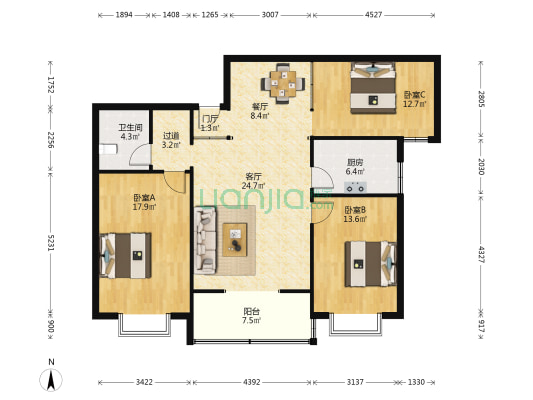 经三路2号院 3室2厅1卫 129平方
