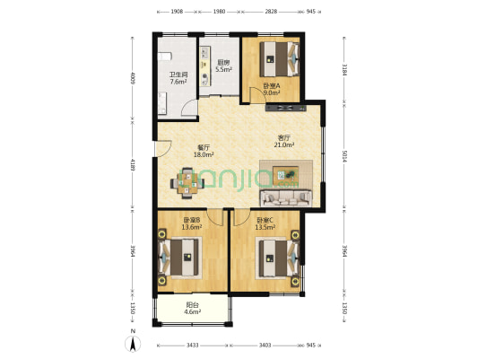 金晟·丽水尊园 3室2厅1卫 115平方