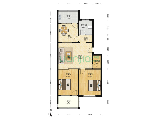 则尔庄南区 2室2厅1卫 95平方