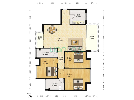 骏逸湖畔花苑 3室1厅2卫 128平方