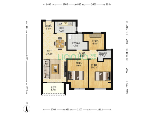建海当代公园阅MOMΛ 3室1厅2卫 87平方