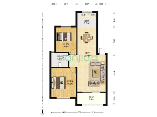 兰桂院B区 2室1厅1卫 88平方