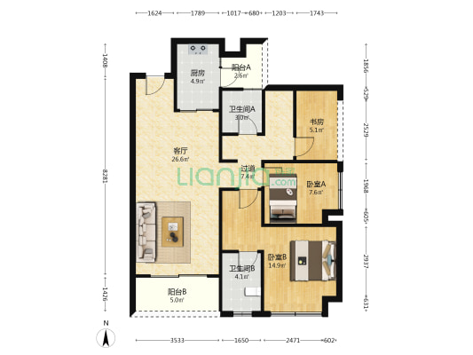 新城明昱东方一期B区 3室1厅2卫 104平方