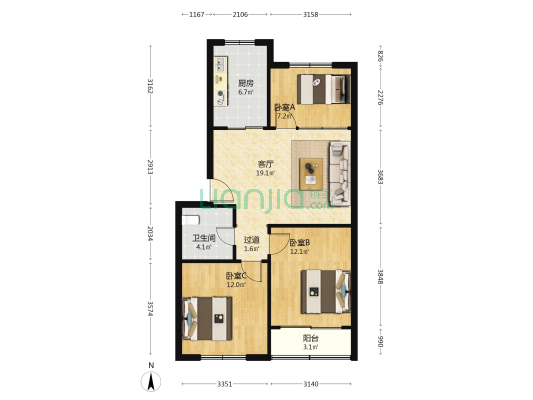 世纪花园 3室1厅1卫 83平方