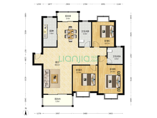 方舟休闲广场 3室1厅2卫 134平方