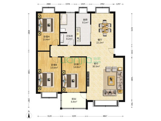恒兴花园 3室2厅1卫 146平方