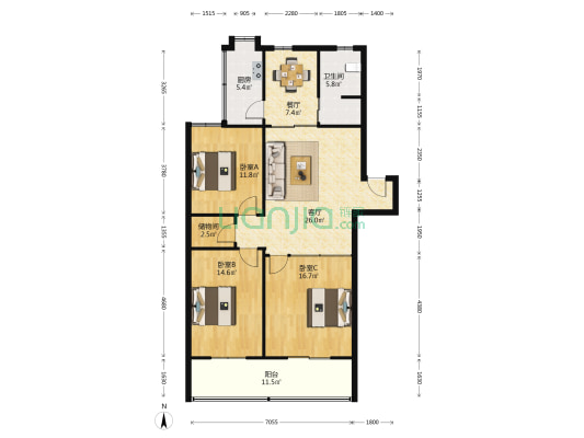 绳金塔街 3室2厅1卫 111平方