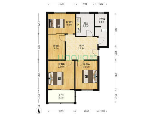 天元东路50号 4室1厅1卫 87平方