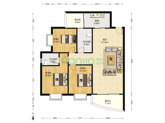 香山花园B区 3室1厅2卫 134平方