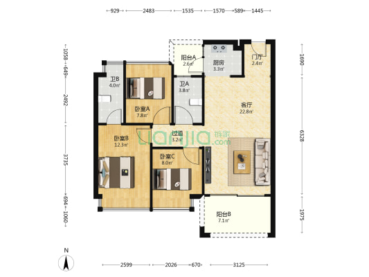 盛雅名苑 3室1厅2卫 91平方