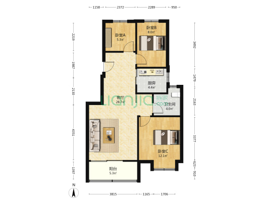 棠祥北苑 3室1厅1卫 86平方