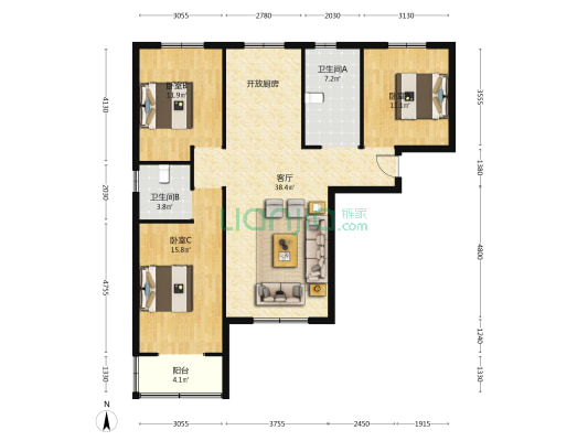 康远悦中心A区 3室1厅2卫 131平方