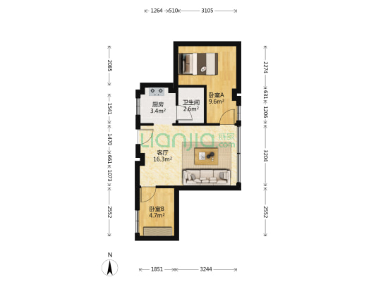 京桂花园 2室1厅1卫 49平方
