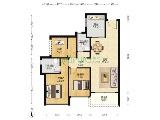 佳兆业佳泽园 3室1厅2卫 96平方