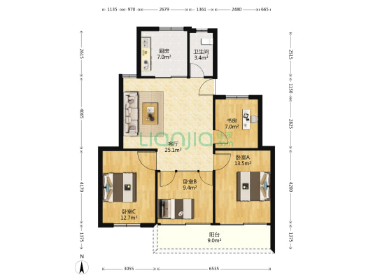 瓦市公寓 4室1厅1卫 108平方