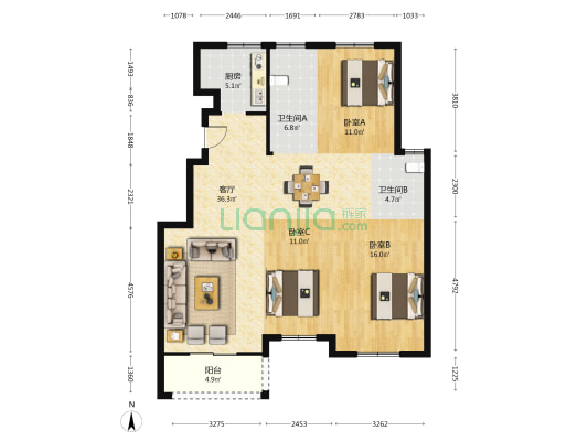 联晶雅苑 3室1厅2卫 117平方