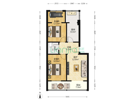 静苑小区（大沙坪） 2室1厅1卫 68平方
