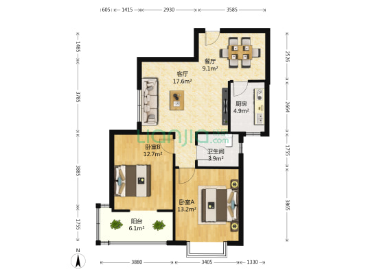 华山幸福嘉苑 2室2厅1卫 90平方