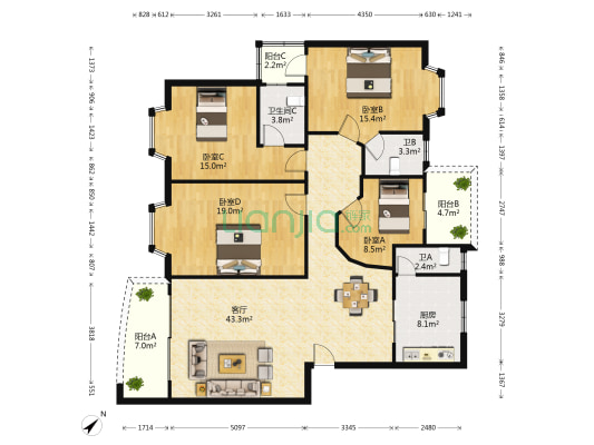天明花园B区 4室1厅3卫 162平方