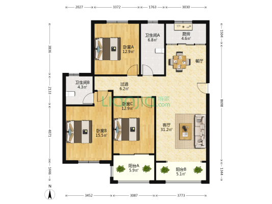 西城花园 3室1厅2卫 138平方