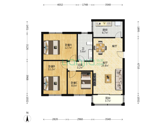 兆福花园 3室1厅1卫 86平方
