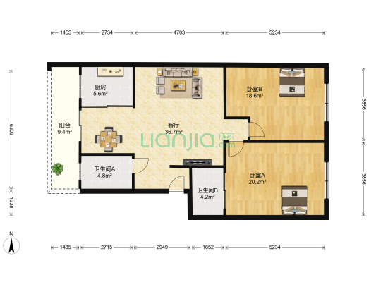 鸿鹏蜀海城花园 2室1厅2卫 114平方