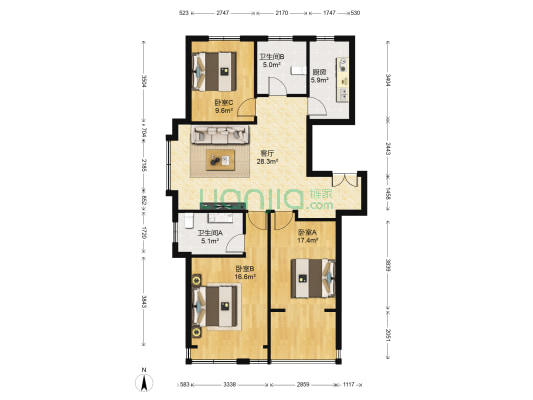 翡翠明珠 3室1厅2卫 114平方