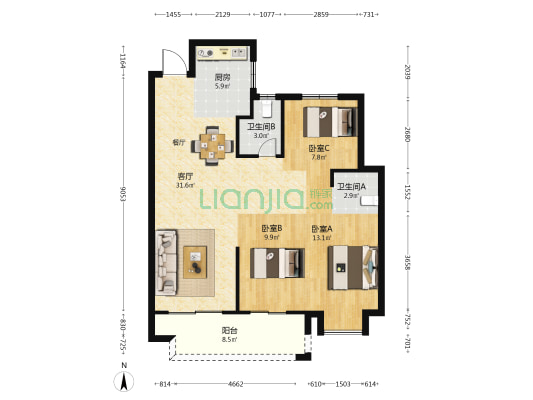 中茵天俊玖珑台 3室1厅2卫 105平方