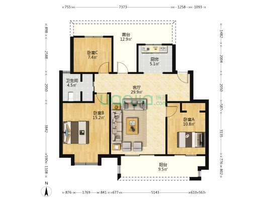 绿地林语花园 3室1厅1卫 100平方