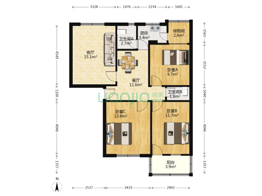 会馆弄13号 3室2厅2卫 90平方