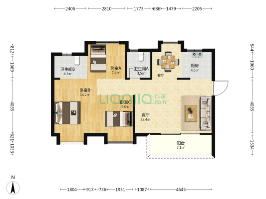 大东海晋棠府二期B区 3室1厅2卫 105平方