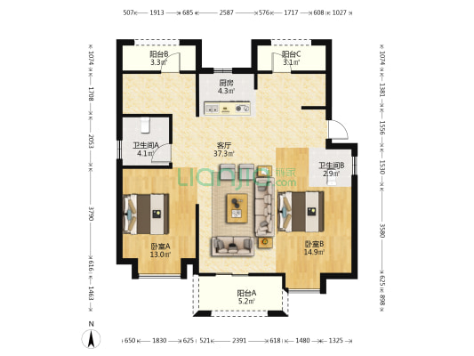 悦江湾 2室1厅2卫 105平方