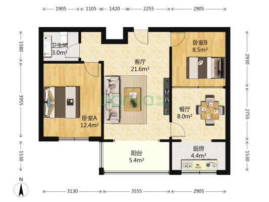 鑫茂家园 2室2厅1卫 80平方