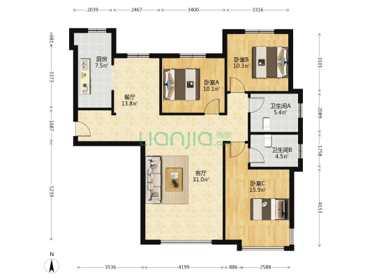 精装修 餐厅H户型 中层 满二 东边户 南北通透-户型图