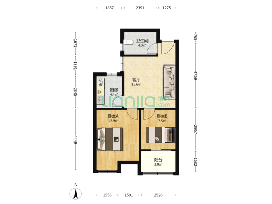 花港鸿福城枫林园 2室1厅1卫 67平方