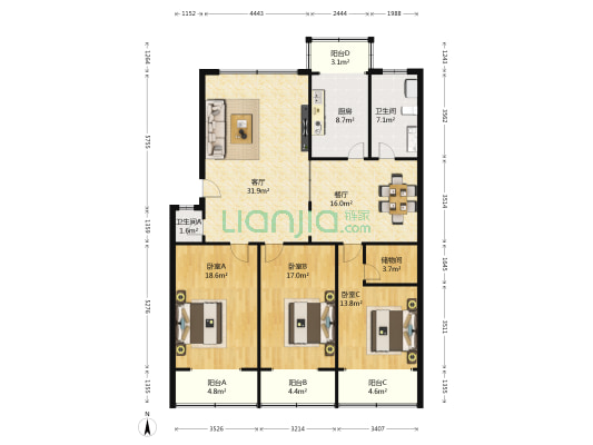 黄河电器公司家属楼 3室2厅2卫 157平方