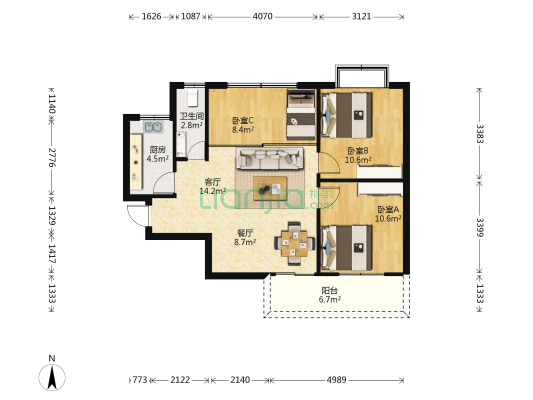 榜铭小区 3室2厅1卫 86平方
