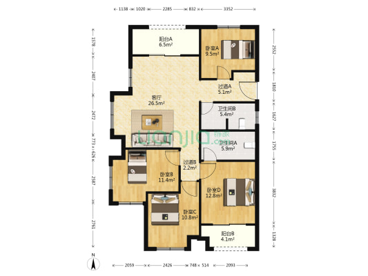 国控·莱茵铭郡 4室1厅2卫 134平方