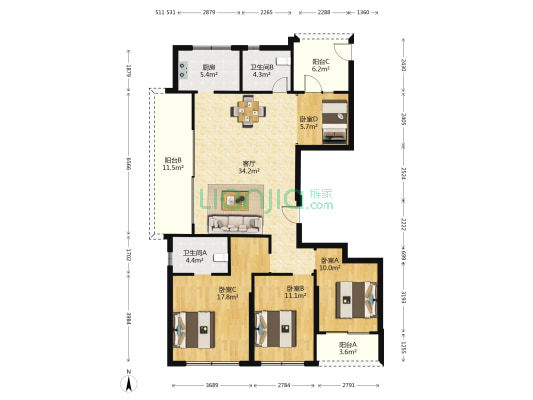 时代滨江悦 4室1厅2卫 139平方